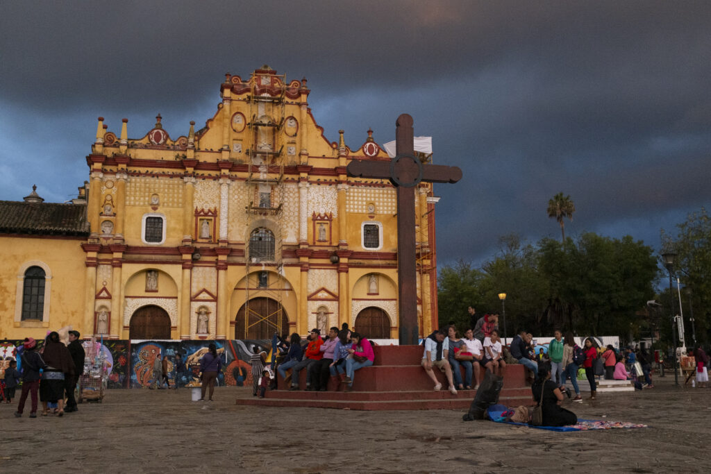 congregants gather outside a church in Mexico