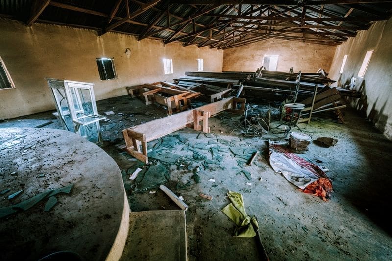 A burned-out church building in Bokos, Nigeria