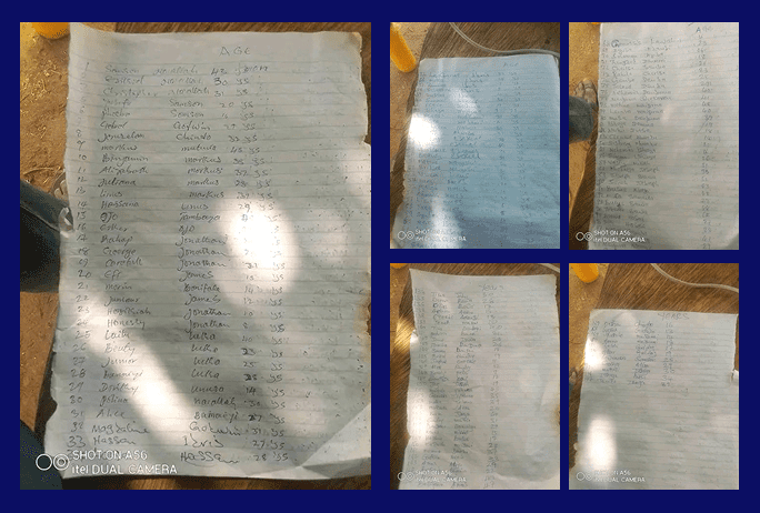 Handwritten names of Nigerian Christians who were kidnapped in Karmin Wali